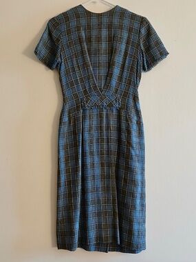 Vintage 1960s Gray Blue Geo Short Sleeve Size S Buffalo Plaid Sheath Dress